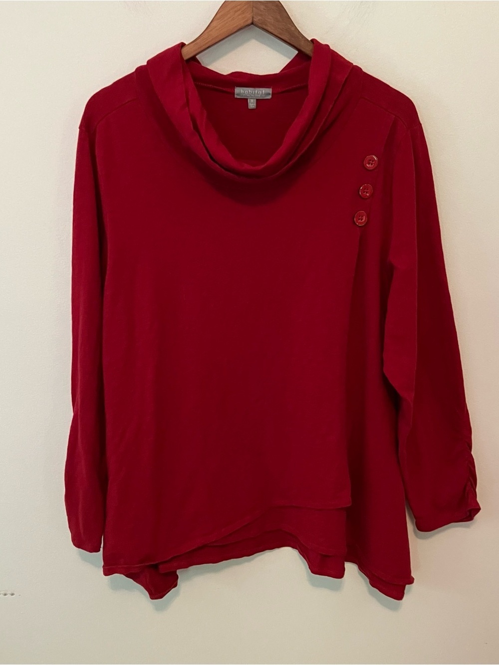 Women’s Habitat Red Cowl Neck Tunic Top XL Lagenlook Asymmetrical Buttons Artsy